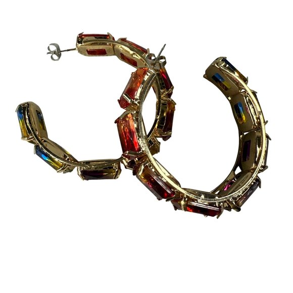 Gold-tone 3/4 Hoop Pierced Earrings Multicolor Faux Gemstones Lightweight Design - Picture 1 of 16